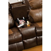 Divider Console in Loveseat Provides Two Beverage Holders, as Well as Covered Storage Space